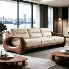 Muatkan imej ke dalam penonton Galeri, Tamika Black Walnut 3 Seater Off White Leather Solid Wood Sofa