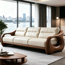 Muatkan imej ke dalam penonton Galeri, Tamika Black Walnut 3 Seater Off White Leather Solid Wood Sofa
