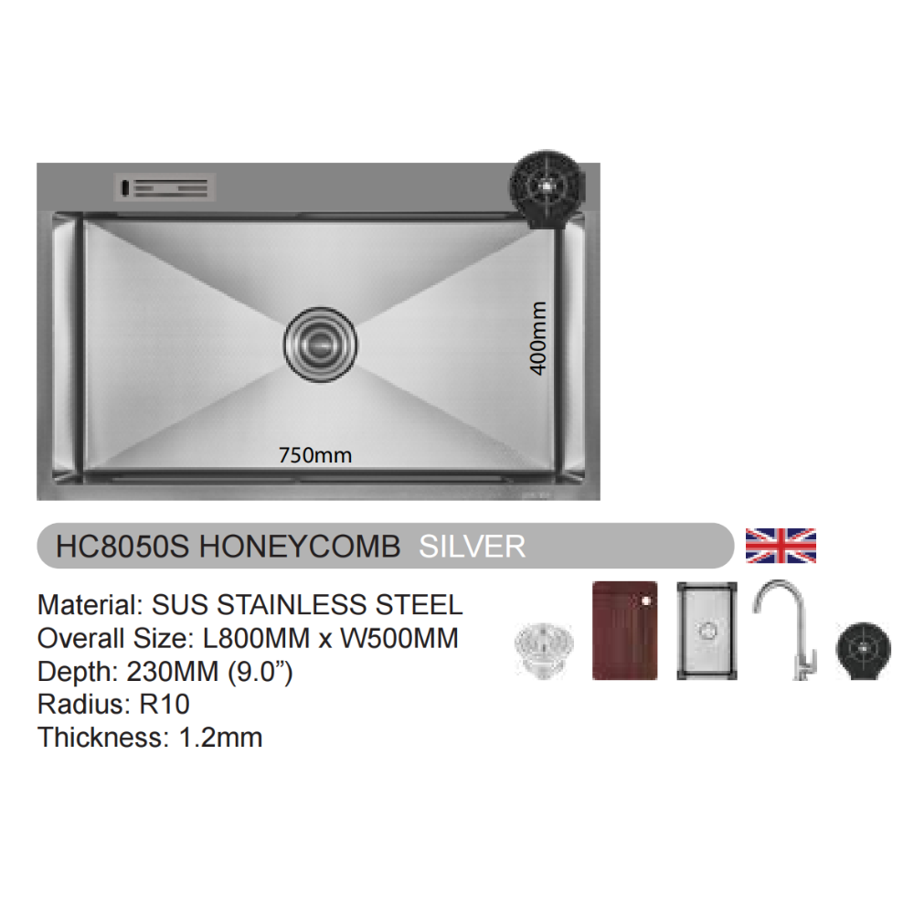 VULCANO SUS304 Stainless Steel Honeycomb Sink [HC8050S/HC8050G/HC8050B/HC8050RG]