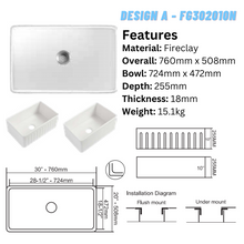 Load image into Gallery viewer, CAVARRO Fireclay America Design 20&quot; Kitchen Sink [White] FG302010N/FG332010N/FG362010N
