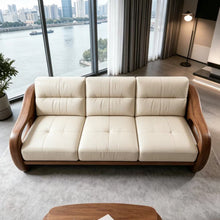 Muatkan imej ke dalam penonton Galeri, Tamika Black Walnut 3 Seater Off White Leather Solid Wood Sofa
