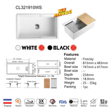 Muatkan imej ke dalam penonton Galeri, CAVARRO Fireclay Undermount Kitchen Sink [White] CL181809/241810/271910/301810/321910
